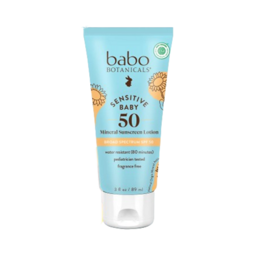 Babo Botanicals Sensitive Baby Mineral Sunscreen Lotion SPF 50 on white background