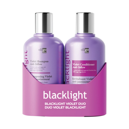 Oligo Professionel Blacklight Shampoo and Conditioner Duo (Violet) on white background