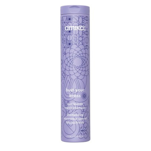 Amika Bust Your Brass Cool Blonde Repair Shampoo on white background
