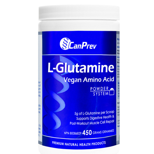 CanPrev L-Glutamine Powder on white background