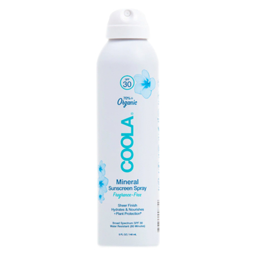 Coola Mineral Body SPF 30 Fragrance Free Sunscreen Spray on white background