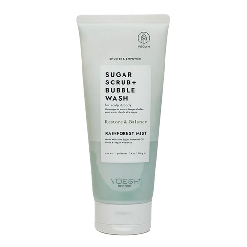 Voesh Sugar Scrub and Bubble Wash Rainforest Mist on white background