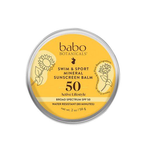 Babo Botanicals Swim and Sport Mineral Sunscreen Balm SPF 50 on white background
