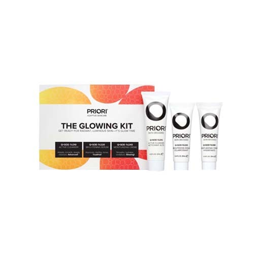 Priori The Glowing Kit (Active Cleanser, Brightening Serum, Moisturizing Creme) on white background