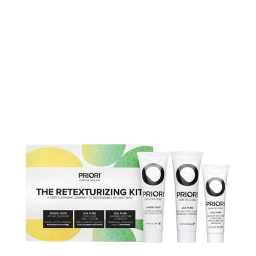 Priori The Retexturizing Kit (Active Cleanser, Barrier Restore, 2xfoliant) on white background