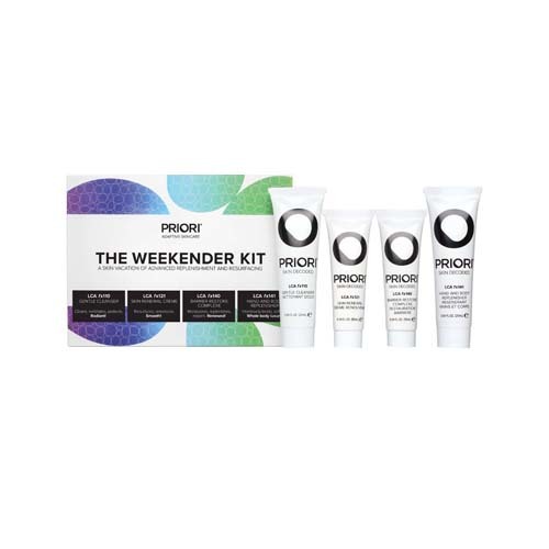 Priori The Week-Ender Kit (LCA Cleanser, Barrier Restore, Skin Renewal, Hand and Body) on white background